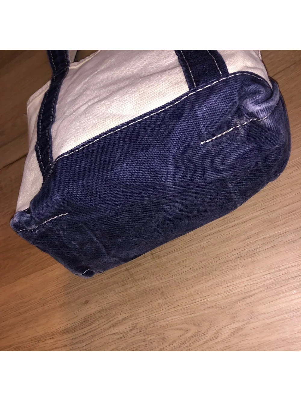 VINTAGE LL BEAN BOAT & TOTE WHITE CREAM NAVY BLUE CANVAS BAG SMALL LONG HANDLES